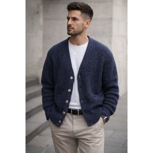 Tidewater Traders Mens Blue Wool Blend Ribbed Button Front Cardigan Sweater  Lrg